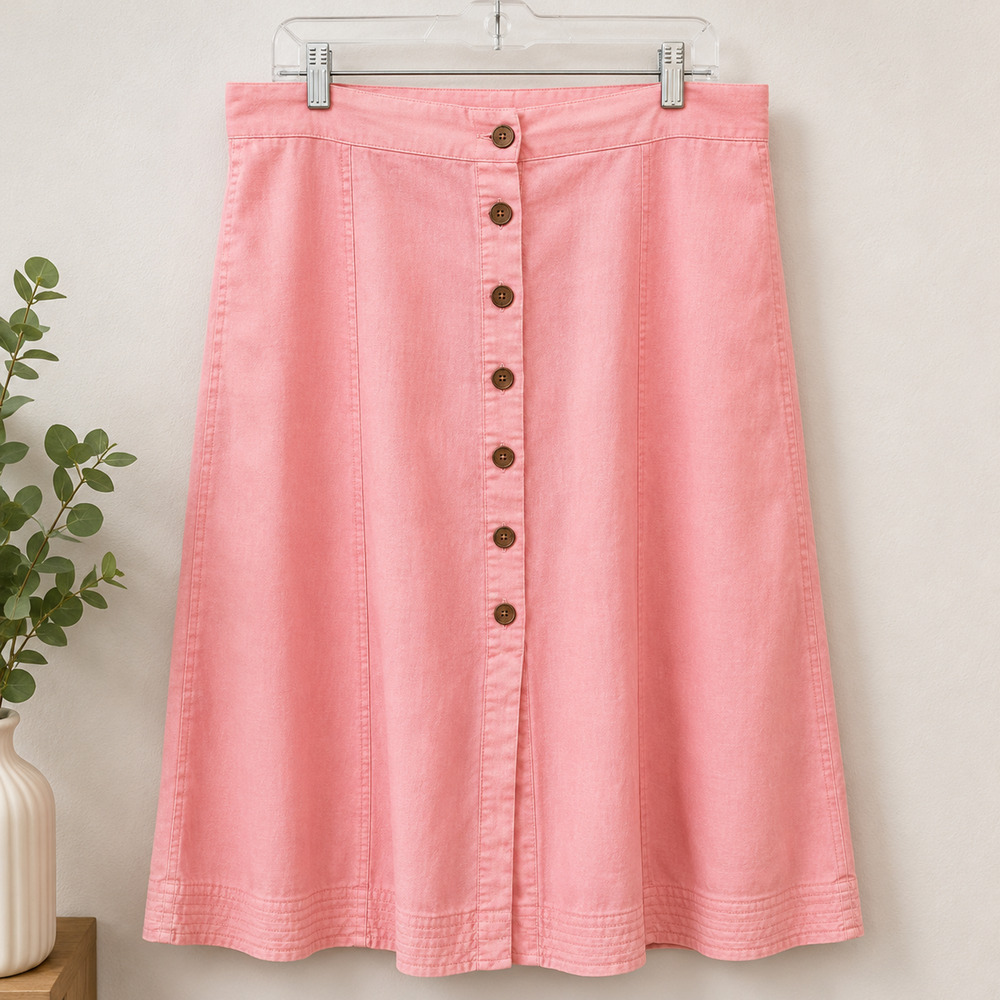 Relaxed Long Linen Midi Skirt LG Pink Beachy Minimalist Cottage Coastal Pockets